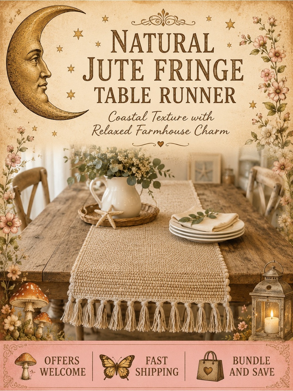 Natural Jute Fringe Table Runner 14x72 Farmhouse Boho Coastal Decor